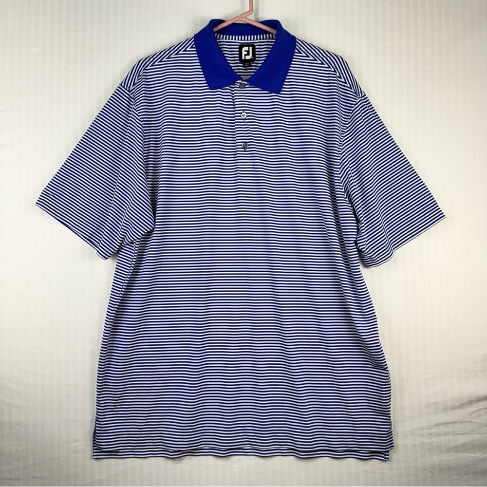 FootJoy Performance Golf Polo Men's Size X-Large Blue/White Striped Shirt Crest